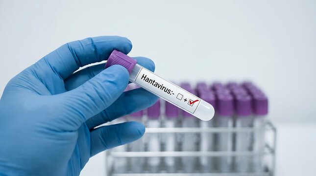 Hantavirus Positive Blood Test Sample in Lab: Gloved Technician Holds Diagnostic Tube with Results