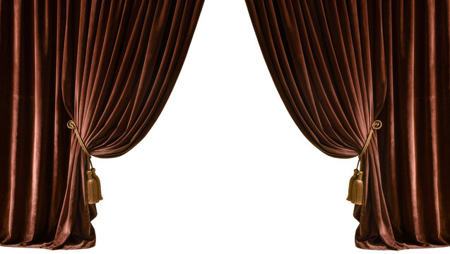 Rich brown velvet theater curtains with gold tassels parted to reveal black void, isolated on transparent background