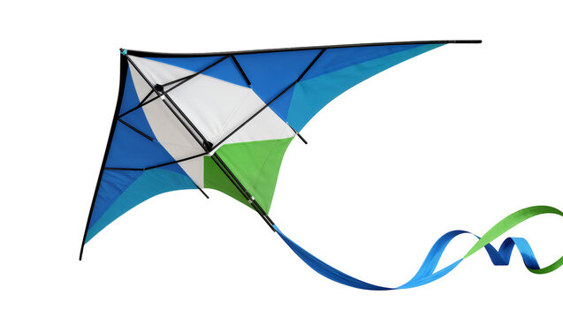 Geometric delta kite with blue white and green panels, isolated on transparent background