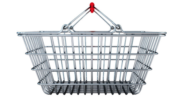 Shiny chrome shopping basket with red handle, isolated on transparent background
