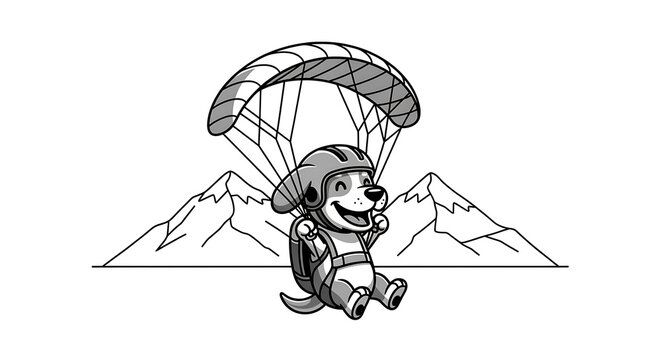 Animated grayscale illustration of a happy dog in a helmet, attached to a parachute, descending in front of a mountain range