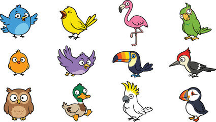 Fototapeta premium Cute Bird Character Icon Collection with Flamingo Parrot Toucan Owl Duck Cockatoo and Puffin Cartoon Vector Elements Isolated on White Background