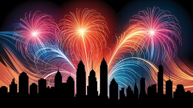 A striking double exposure illustration featuring vibrant fireworks seamlessly blending into the sil