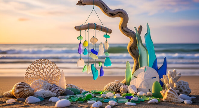 Coastal decor with sea glass wind chime seashells and coral on a sandy beach at sunset