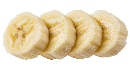 Four ripe banana slices with visible seeds, isolated on transparent background © Maria