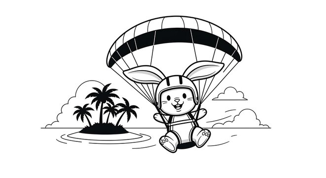 Black and white illustration of a smiling rabbit with parachute, wearing a helmet, over an island with palm trees