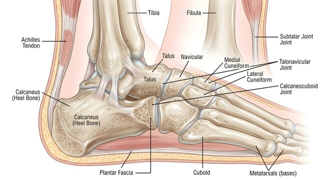 Sagittal Sectional View of the Human Foot Showing Tibia, Fibula, Talus, Calcaneus, Navicular, Cuneiforms, Plantar Fascia, Achilles Tendon, Subtalar and Talocrural Joints, and Surrounding Soft Tissue S