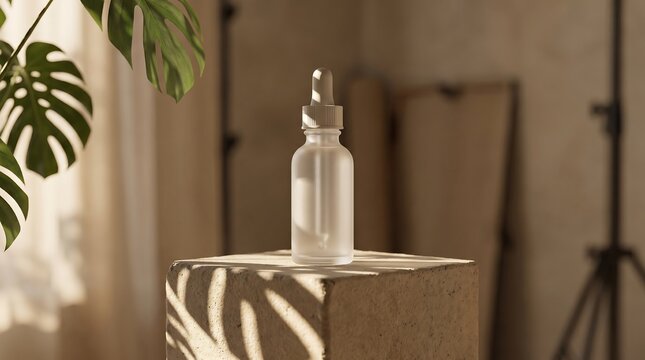 A clear glass dropper bottle sits on a wooden block in a sunlit room with a leafy plant in the foreground and a blurred background.