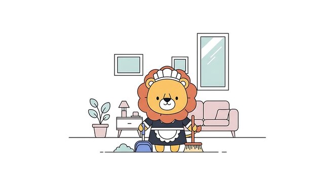 Animated cartoon lion in a maid outfit with cleaning tools inside a minimalistic living room