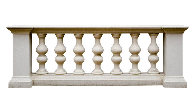 Stone balustrade with decorative balusters and square posts, isolated on transparent background