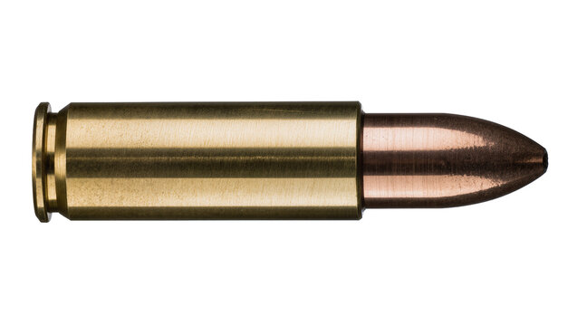 Brass cartridge case with copper bullet tip, isolated on transparent background