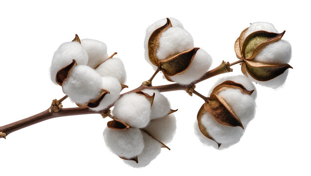 Fluffy white cotton bolls on a brown branch, isolated on transparent background