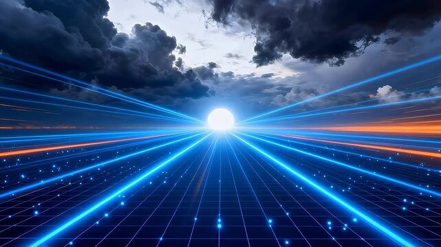 Futuristic digital landscape with glowing lines