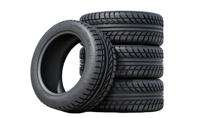 Stack of black rubber car tires with detailed tread patterns, isolated on transparent background © Maria