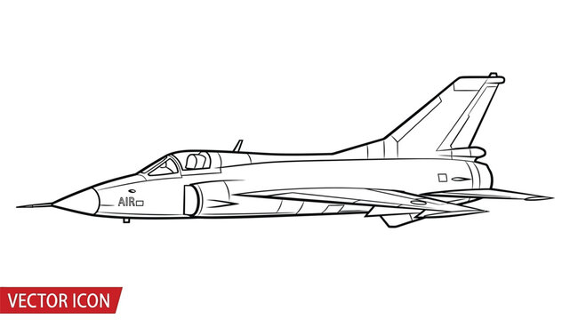 Black and white line of a fighter jet, side view, with cockpit and tail fin airplane aircraft military plane