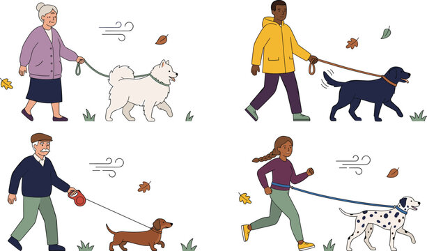 Diverse People Walking Dogs in Windy Autumn Weather Vector Illustration Set Featuring Flat Cartoon Characters Exercising with Pets in Fall Park Settings