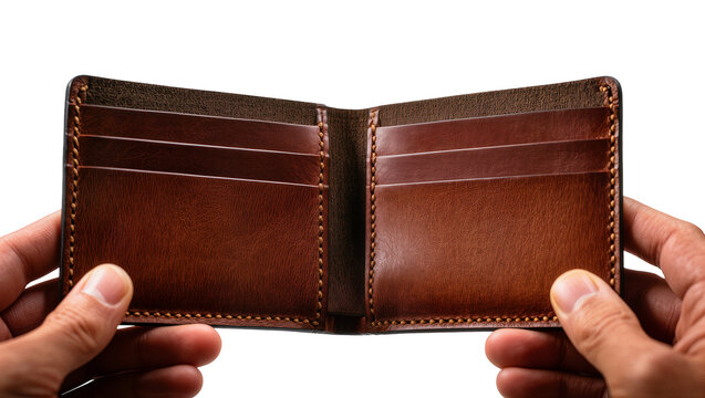 Hands holding open brown leather bifold wallet with card slots, isolated on transparent background