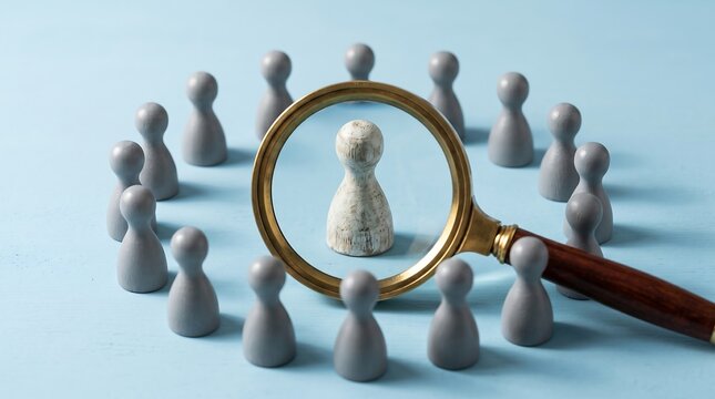 Human resources recruitment and talent acquisition concept with a magnifying glass searching for the right candidate among many employees