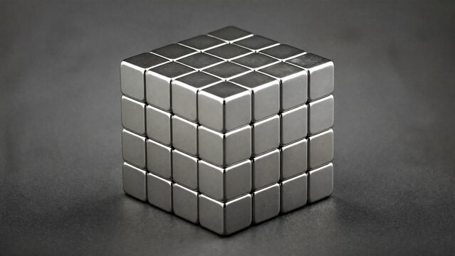 A solid cube formed by powerful silver-gray magnets on a plain background.