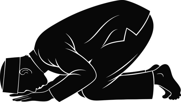 Man praying, Muslim man in prayer position, Islamic worship, black silhouette icon