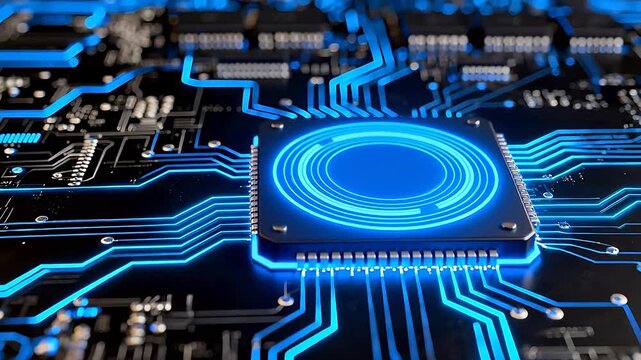 Circuit board with glowing blue chip