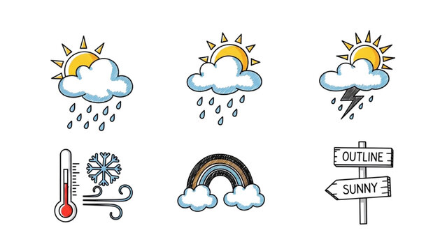 Weather icons show sun, rain, and clouds with temperature gauge and sign
