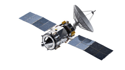 Detailed spacecraft with solar panels and dish antenna, isolated on transparent background © Maria
