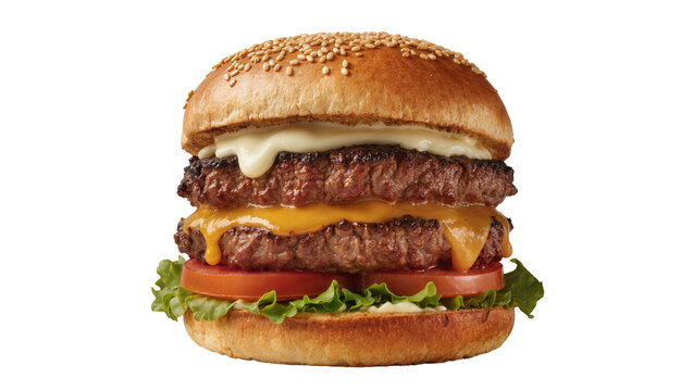 Juicy double cheeseburger with sesame seed bun lettuce tomato and sauce, isolated on transparent background