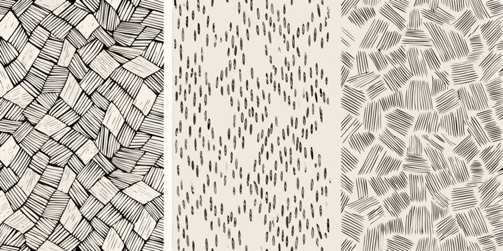 Hand Drawn Line Textures Three Abstract Patterns On Beige Background