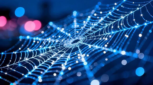Blue glowing spider web with bokeh lights