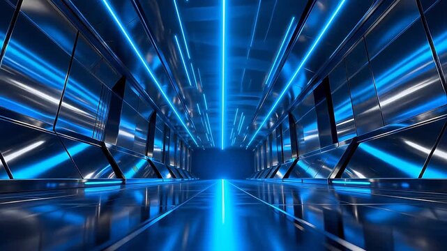 Futuristic corridor with blue neon lights