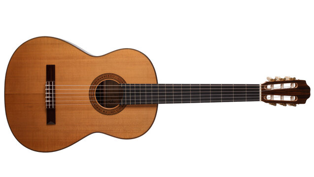 Acoustic classical guitar with six strings and wooden body, isolated on transparent background