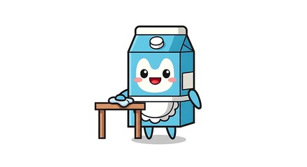 Fototapeta premium Cartoon-style illustration depicts a milk carton character wearing an apron, poised behind a small wooden table