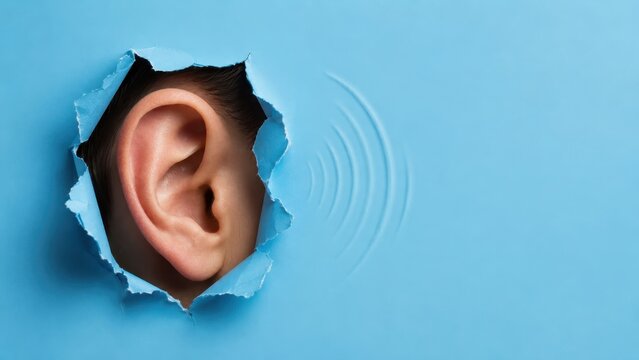 Conceptual hearing awareness image with realistic ear through torn blue paper and sound wave texture background
