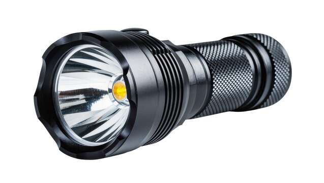 Black metal flashlight with textured grip and bright LED bulb, isolated on transparent background