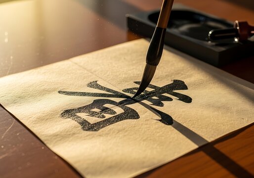 Traditional Japanese Calligraphy Brush Writing Kanji Character on Paper.