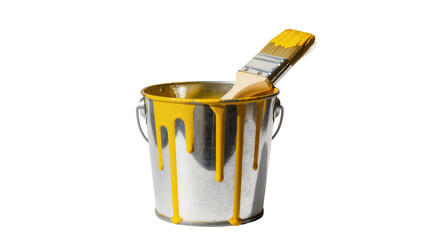 Yellow paint dripping from metal bucket with brush, isolated on transparent background © Maria
