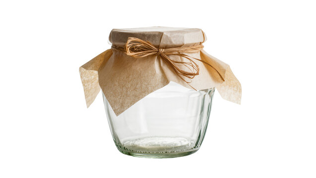 Empty glass jar with kraft paper lid tied with twine, isolated on transparent background