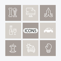 Fototapeta premium Minimalist garbage and waste icons set, white line vector symbols of broken items and trash, collection of 8 disposal and scrap elements for environmental recycling and sustainability apps.