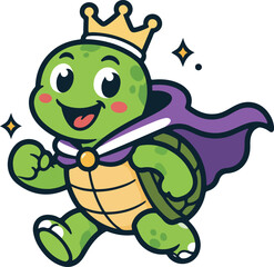 Fototapeta premium Cartoon turtle superhero wearing a crown and cape
