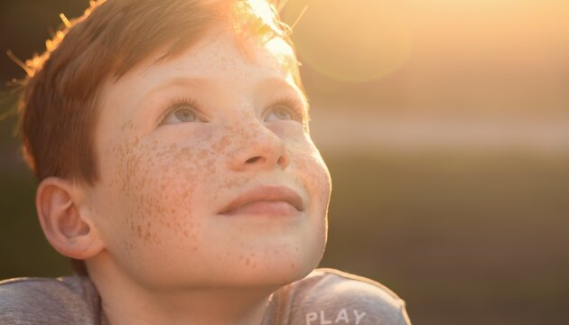 Young boy with freckles looking up at the sky during golden hour with sunlight in background, dreaming and contemplating possibilities