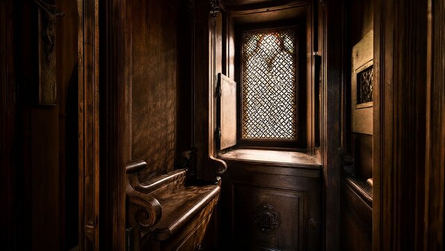 A vintage wooden confessional booth with light filtering through its lattice grill.