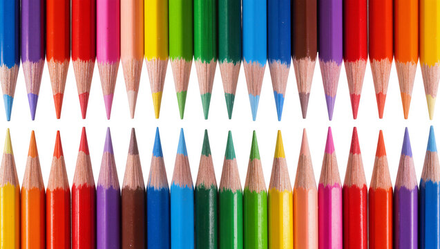 Two rows of sharpened colored pencils in a rainbow spectrum, isolated on transparent background