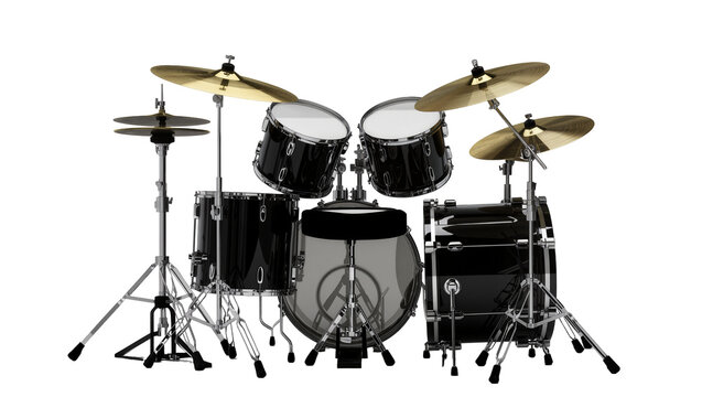 Shiny black drum kit with golden cymbals, isolated on transparent background