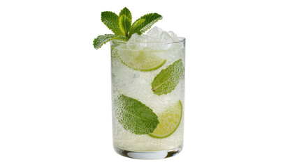 Refreshing clear cocktail with ice lime slices and mint leaves, isolated on transparent background © Maria