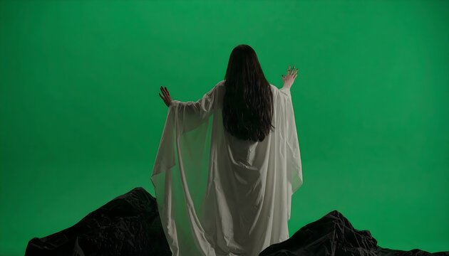 Mystical figure in white robe with arms outstretched against a green screen, amidst dark rocky terrain, evoking magic.