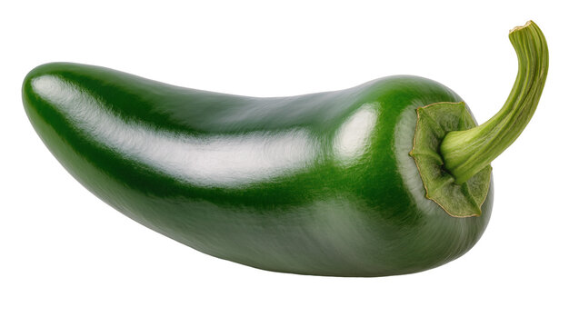 Shiny green jalape&ntilde;o pepper with curved stem, isolated on transparent background