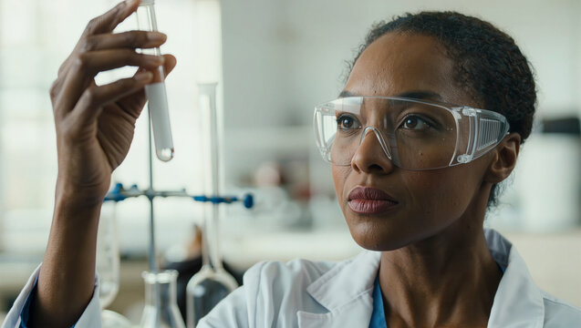 Confident African American female scientist examining test tube in bright modern laboratory, authentic diverse research professional, editorial science photography with copy space