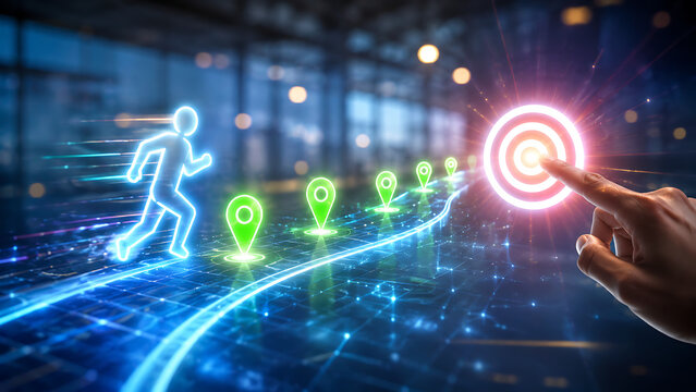 Hand touching a glowing target destination while a virtual neon running figure sprints along a digital track passing location markers demonstrating fitness goals and progress