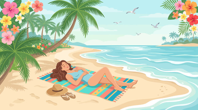 Woman relaxing on tropical beach under palm trees, sunbathing on colorful blanket